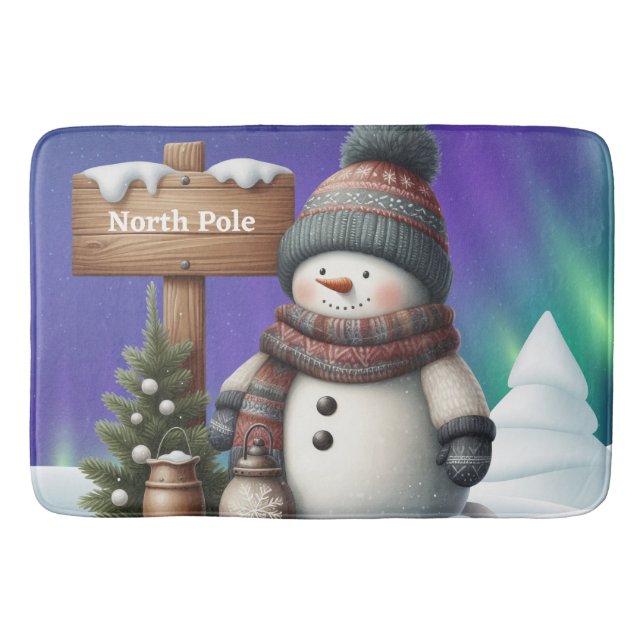 Niedlicher Schneemann am Nordpol mit Nordlichter Badematte (Vorderseite)