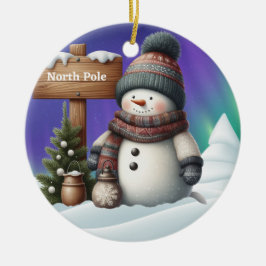 Niedlicher Schneemann am Nordpol mit Nordlichter Keramik Ornament