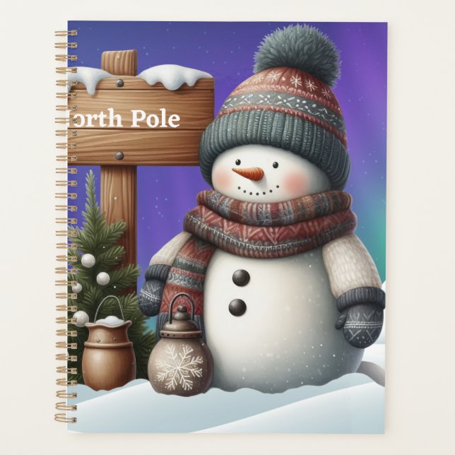 Niedlicher Schneemann am Nordpol mit Nordlichter Planer (Vorderseite)