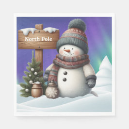 Niedlicher Schneemann am Nordpol mit Nordlichter Serviette