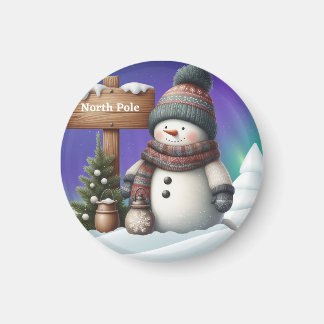 Niedlicher Schneemann am Nordpol mit Nordlichtern Magnet