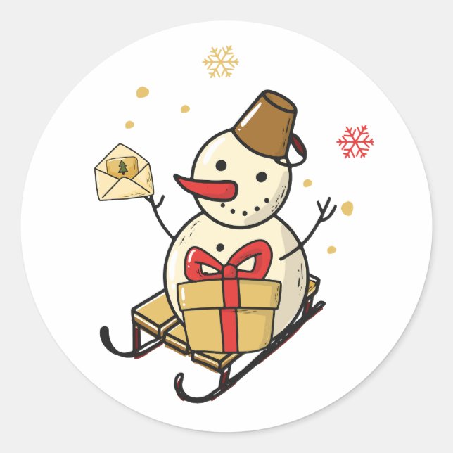 Niedlicher Schneemann auf einem Schlittensticker Runder Aufkleber (Vorderseite)