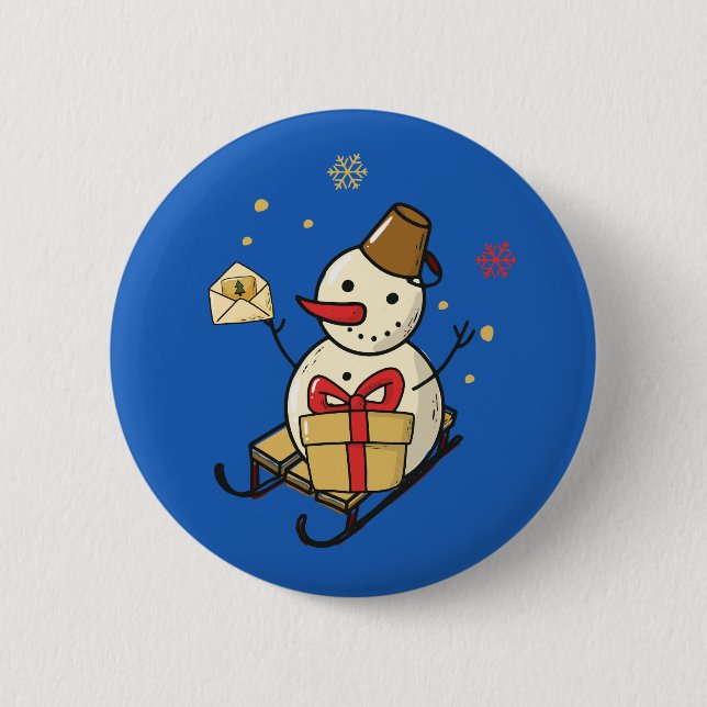Niedlicher Schneemann auf Schlitten Button (Vorderseite)