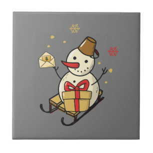 Niedlicher Schneemann auf Schlitten Fliese