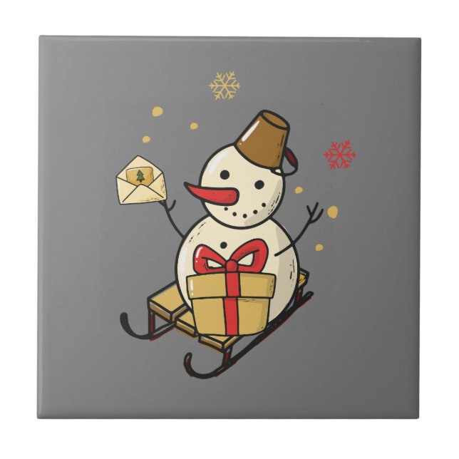 Niedlicher Schneemann auf Schlitten Fliese (Vorderseite)