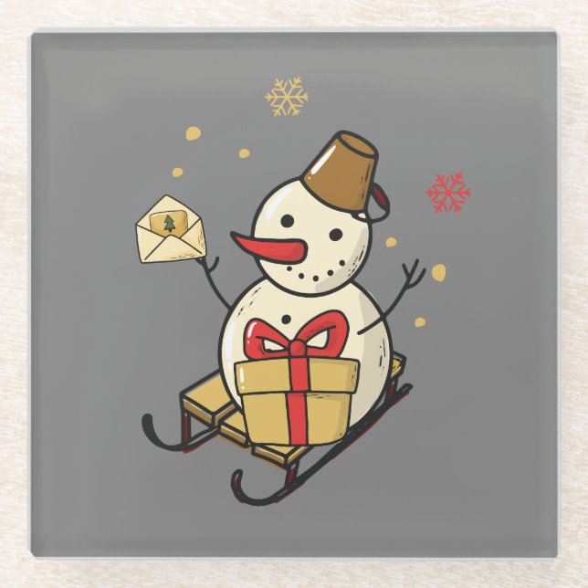 Niedlicher Schneemann auf Schlitten Glasuntersetzer (Vorderseite)