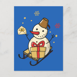 Niedlicher Schneemann auf Schlitten Postkarte
