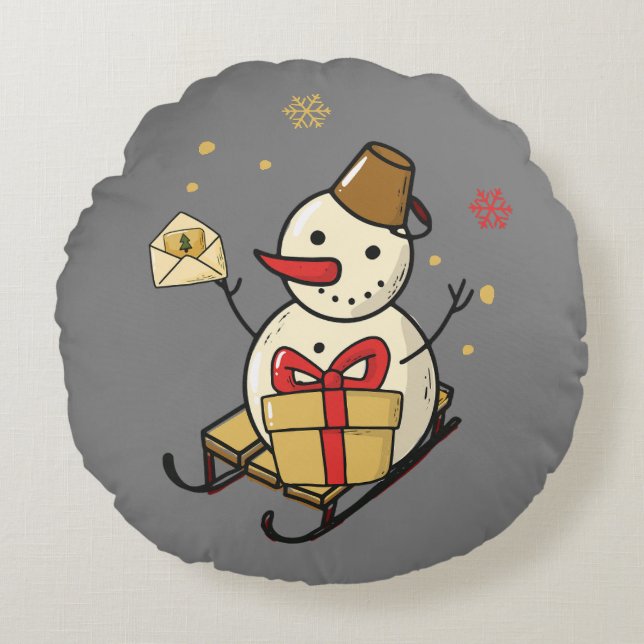 Niedlicher Schneemann auf Schlitten Rundes Kissen (Vorderseite)