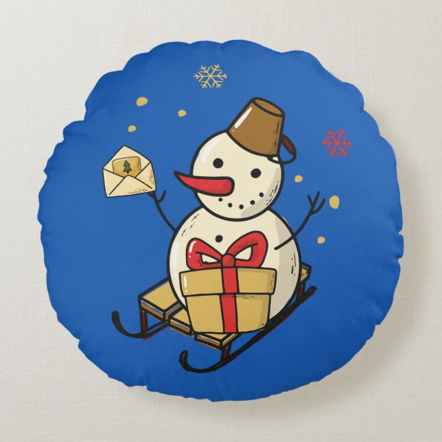 Niedlicher Schneemann auf Schlitten Rundes Kissen (Vorderseite)