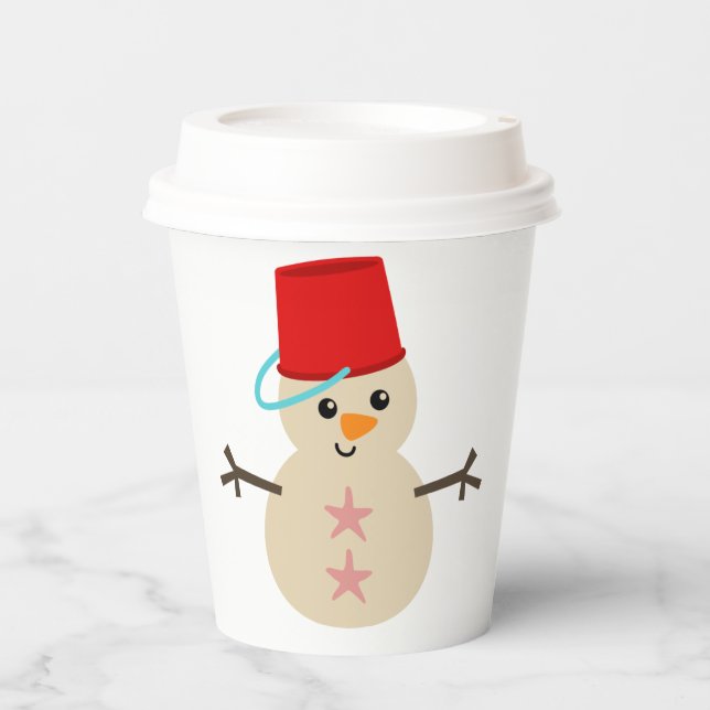 Niedlicher Schneemann aus Sand mit Pail für Hut Pappbecher (Vorderseite)