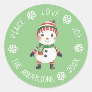 Niedlicher Schneemann Frieden Liebe Freude Schneef Runder Aufkleber