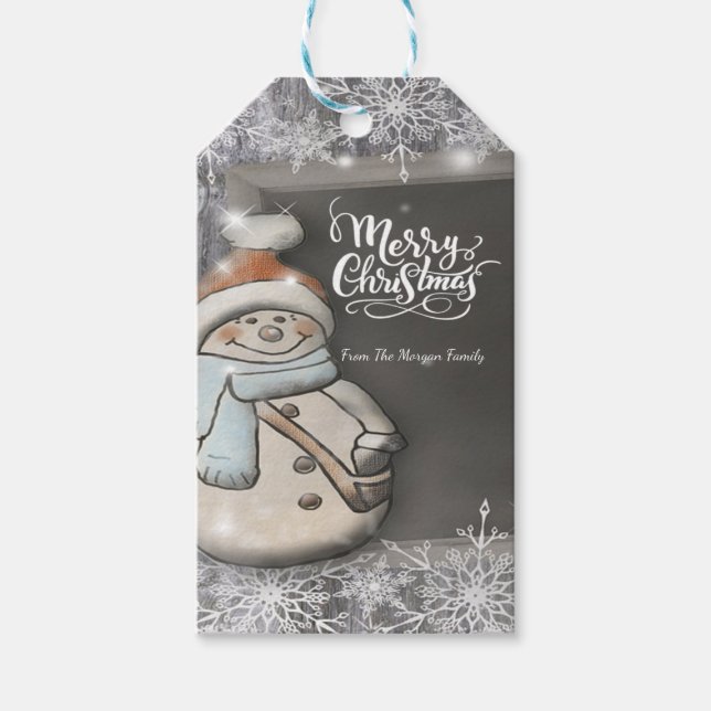 Niedlicher Schneemann, frohe Weihnachten, Schneefl Geschenkanhänger (Vorderseite)