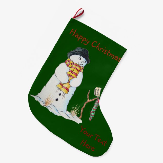 Niedlicher Schneemann im Schnee gewirktes Flickwer Großer Weihnachtsstrumpf (Vorderansicht (hängend))
