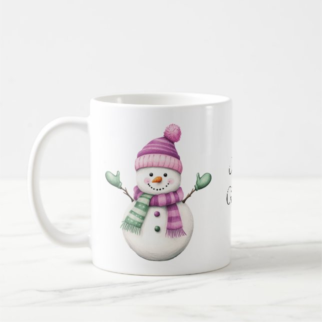 Niedlicher Schneemann in Lila rosa und grün Kaffeetasse (Links)