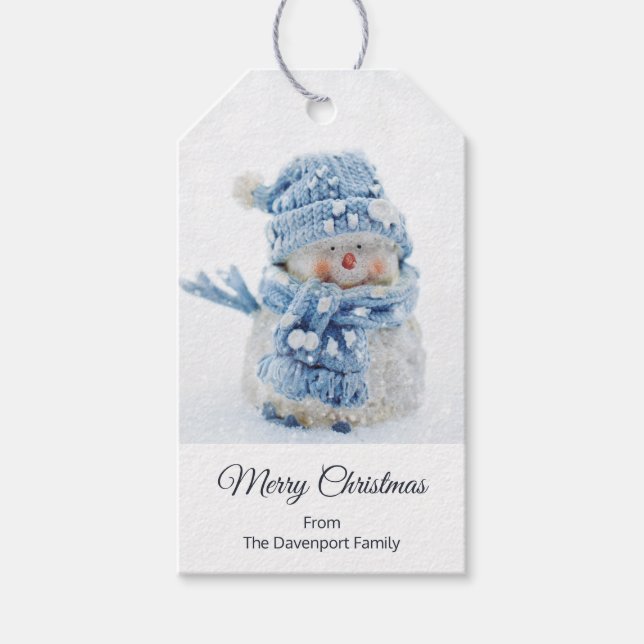Niedlicher Schneemann in Winterfotografie Weihnach Geschenkanhänger (Vorderseite)