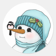 Niedlicher Schneemann mit Chickadee auf seiner Kar