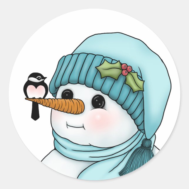 Niedlicher Schneemann mit Chickadee auf seiner Kar Runder Aufkleber (Vorderseite)