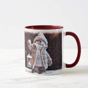 Niedlicher Schneemann mit Laterne im Schneefall Tasse