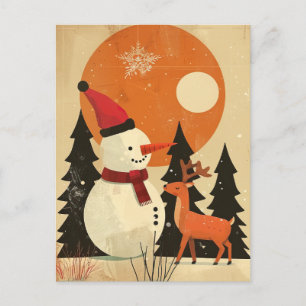 Niedlicher Schneemann mit Rentier Retro Mitte Jahr Postkarte