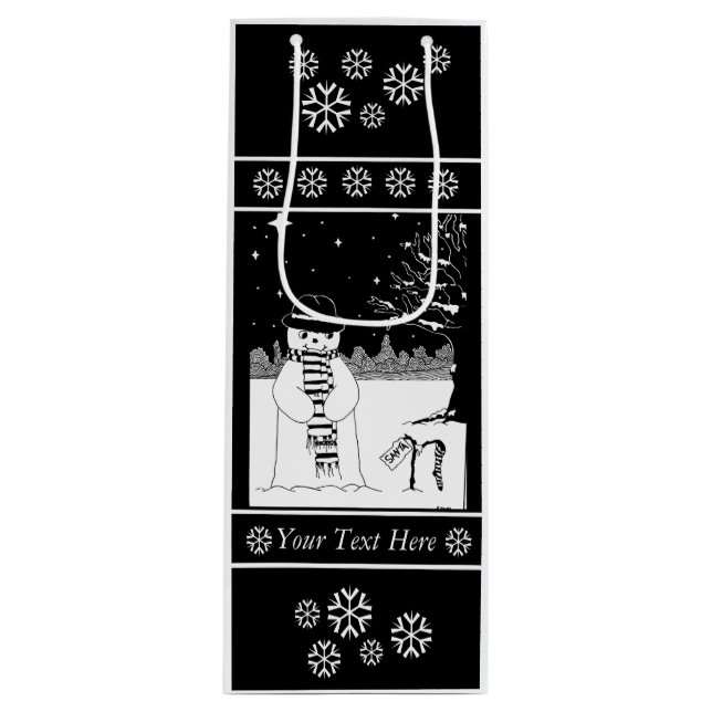 niedlicher Schneemann mit Schal und Hut, schwarz-w Geschenktüte Für Weinflaschen (Vorderseite)