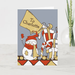 Niedlicher Schneemann mit Weihnachtsgeschenken Per Karte