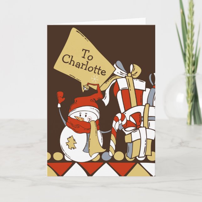 Niedlicher Schneemann mit Weihnachtsgeschenken Per Karte (Vorderseite)