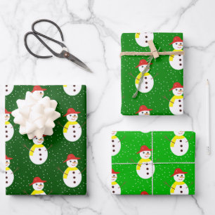Niedlicher Schneemann und grüner Schnee Geschenkpapier Set