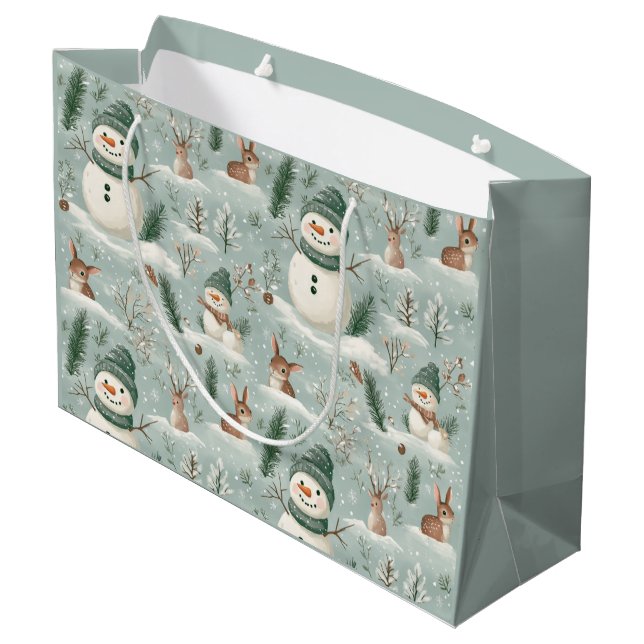 Niedlicher Schneemann und Hirsche Große Geschenktüte (Rückseite Schrägansicht)