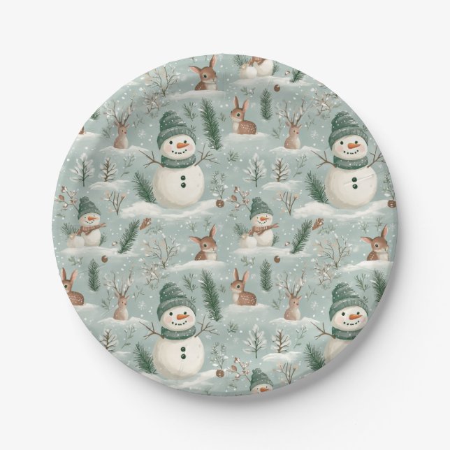 Niedlicher Schneemann und Hirsche Pappteller (Vorderseite)