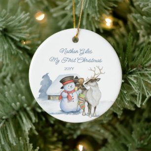 Niedlicher Schneemann und Rentier Erste Keramik We Ornament