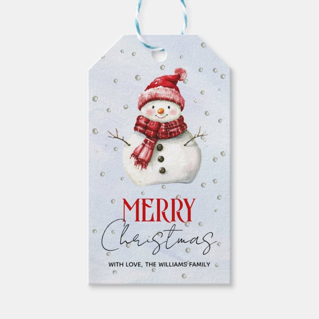 Niedlicher Schneemann und Schnee Frohe Weihnachtsf Geschenkanhänger (Vorderseite)