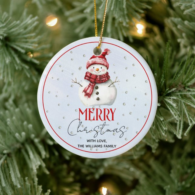 Niedlicher Schneemann und Schnee Weihnachtsfeierta Keramik Ornament (Baum)