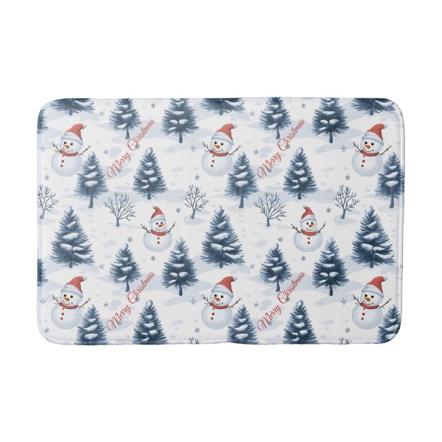 Niedlicher Schneemann und schneebedeckte Bäume fro Badematte (Vorderseite)