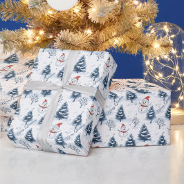 Niedlicher Schneemann und schneebedeckte Bäume fro Geschenkpapier