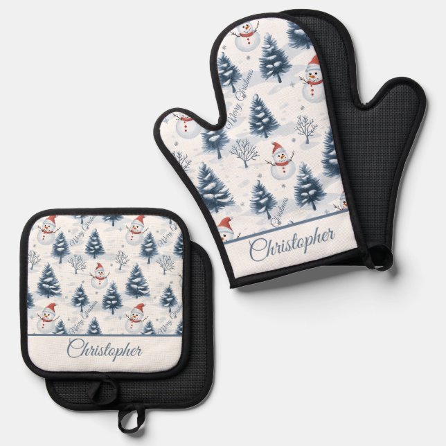 Niedlicher Schneemann und schneebedeckte Bäume fro Ofenhandschuh & Topflappen-Set (Vorderseite/Rückseite)