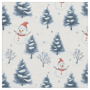 Niedlicher Schneemann und schneebedeckte Bäume Stoff