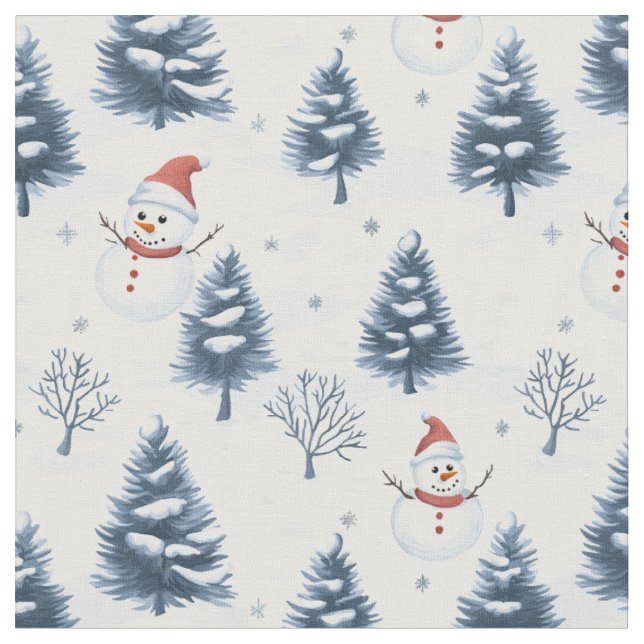 Niedlicher Schneemann und schneebedeckte Bäume Stoff (Nahaufnahme)