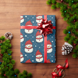 Niedlicher Schneemann und Schneeflocken Blauer Wei Geschenkpapier