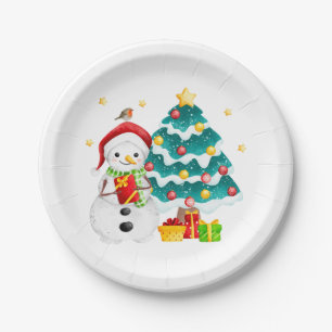 Niedlicher Schneemann und Weihnachtsbaum Pappteller