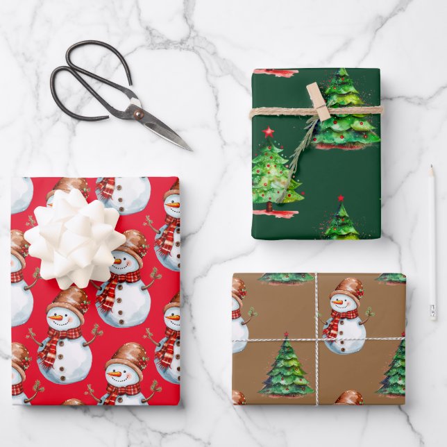 Niedlicher Schneemann und Weihnachtsbaum Wasserfar Geschenkpapier Set (Vorderseite)