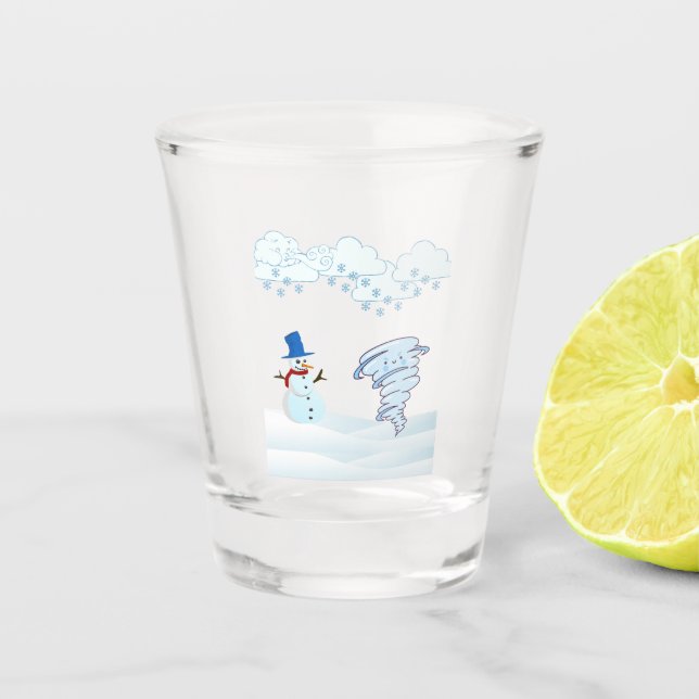Niedlicher Schneemann und Wind Schnapsglas (Vorderseite)