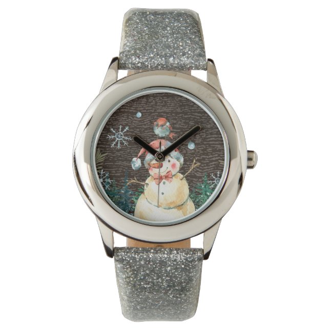Niedlicher Schneemann & Waldtiere Weihnachten Nied Armbanduhr (Vorderseite)