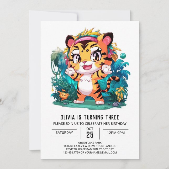 Niedlicher schöner Tiger Digital Geburtstag Einladung (Vorderseite)