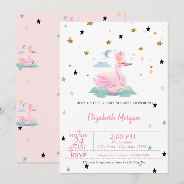 Niedlicher Schwan, Tiara, Sterne, Prinzessin Babyd Einladung (Vorne/Hinten)