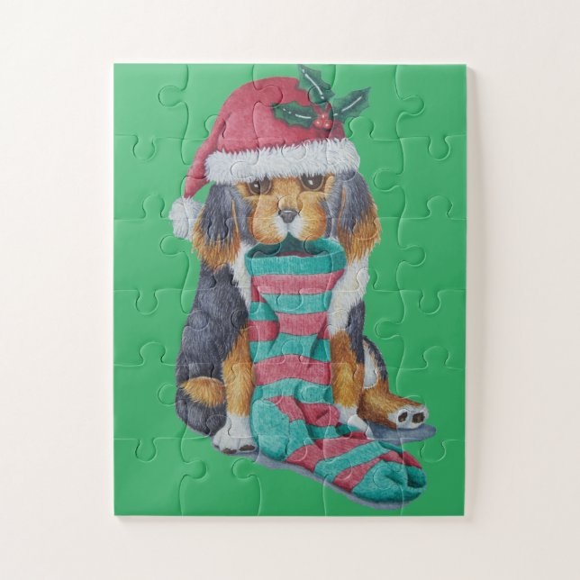 niedlicher, schwarz-brauner Welpe, zu Weihnachten  (Vertikal)