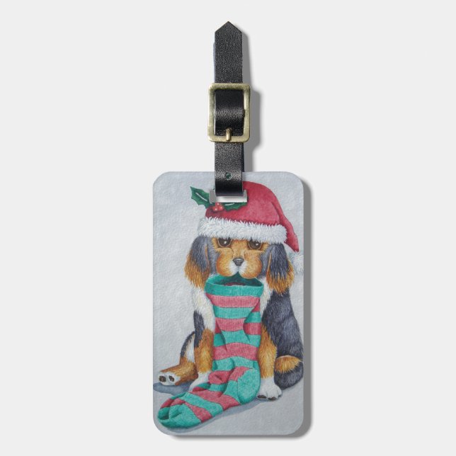 niedlicher, schwarz-brauner Welpe, zu Weihnachten  Gepäckanhänger (Vorderseite vertikal)