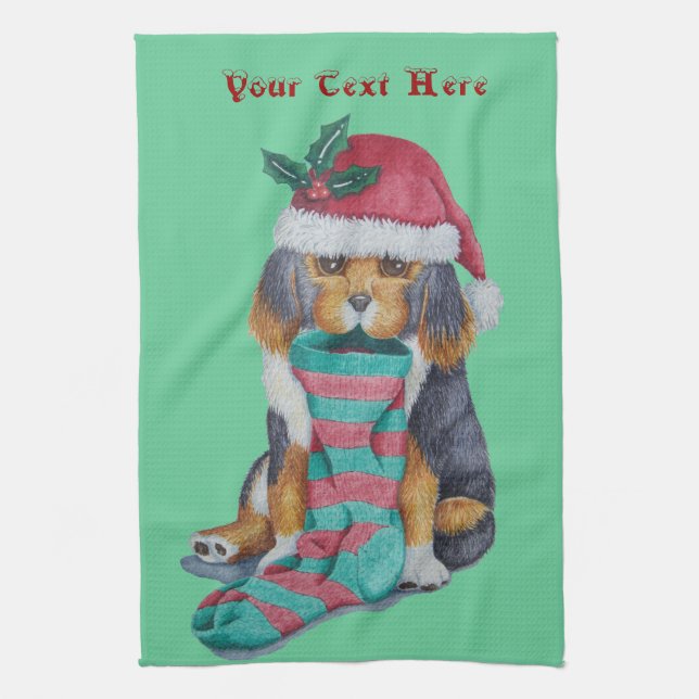 niedlicher, schwarz-brauner Welpe, zu Weihnachten  Geschirrtuch (Vertikal)