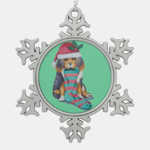 niedlicher, schwarz-brauner Welpe, zu Weihnachten Schneeflocken Zinn-Ornament