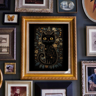 Niedlicher Schwarz-Katze-Folk-Kunstdrucken Downloa Poster