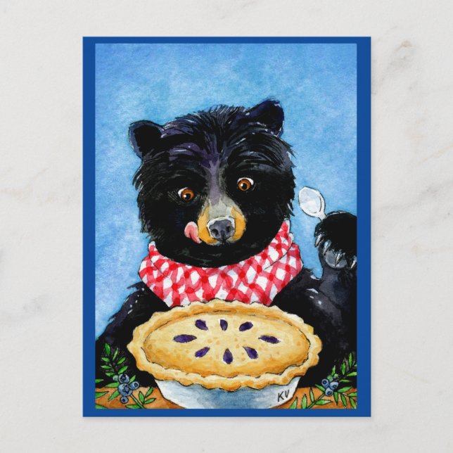 Niedlicher Schwarzbär mit Blaubeerenkuchen-Postkar Postkarte (Vorderseite)